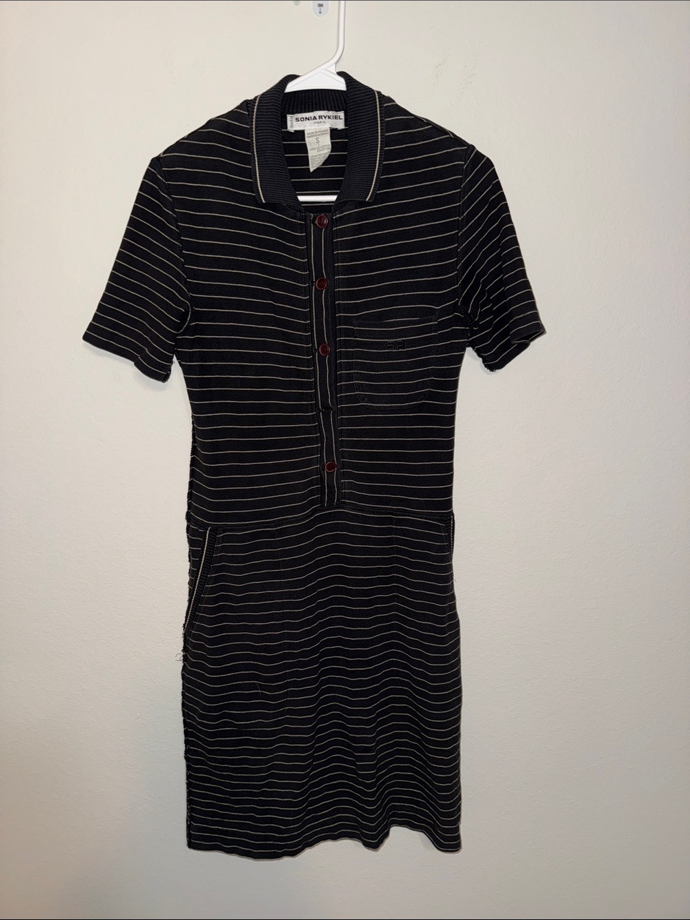 Sonia Rykiel Paris Vintage Ribbed Black Striped Polo Mini Dress - Small